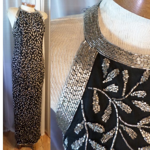 Lady Long Silk Gown Beads Sequin M Kazar Dress VTG - Picture 2 of 8